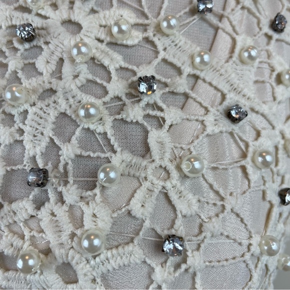 Snidel Pearl Rhinestone Cream Floral Lace Dress Women Medium - Picture 5 of 7